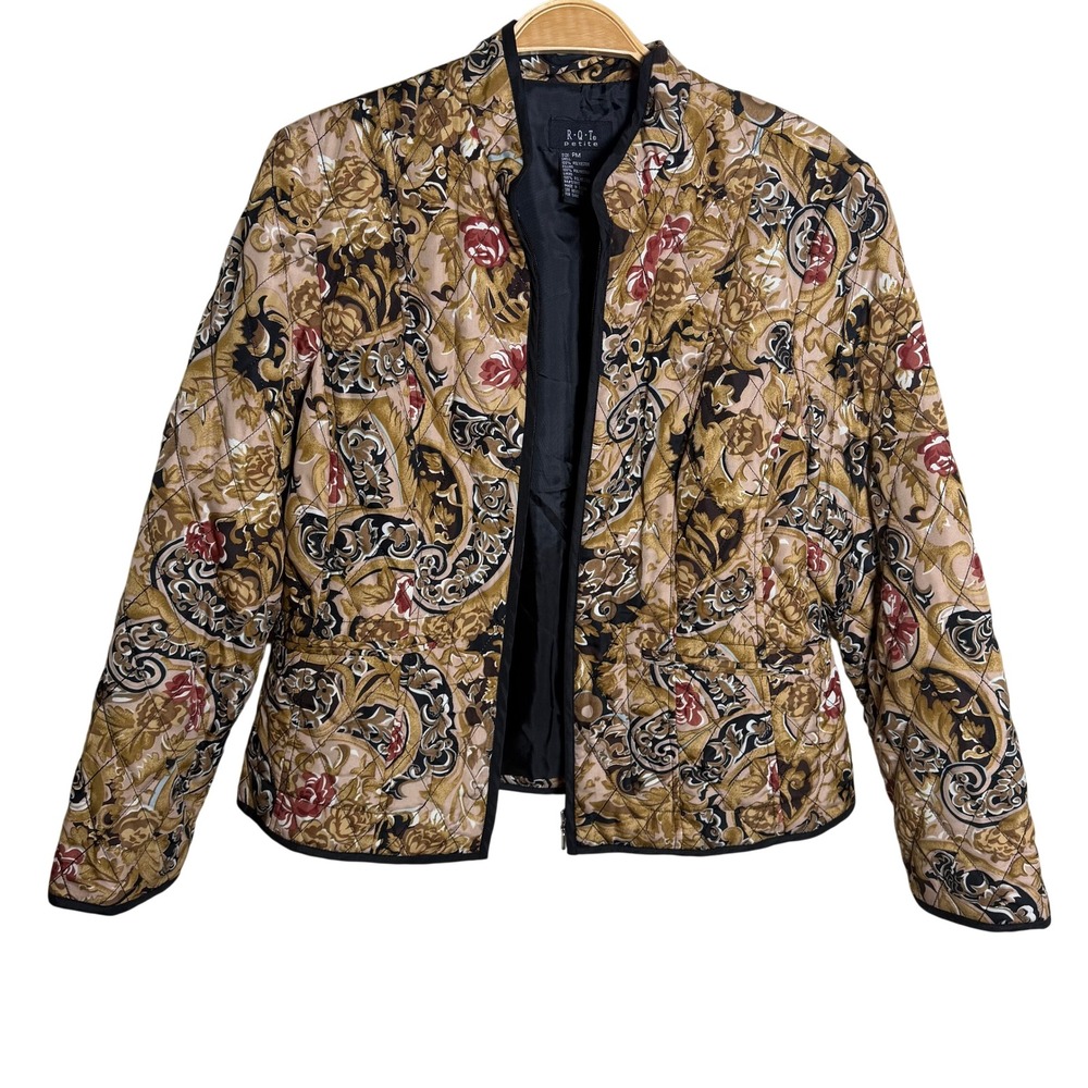 R.Q.T. Petite Quilted Paisley Floral Jacket Gold Burgundy Zip Front‎ Size PM y2k